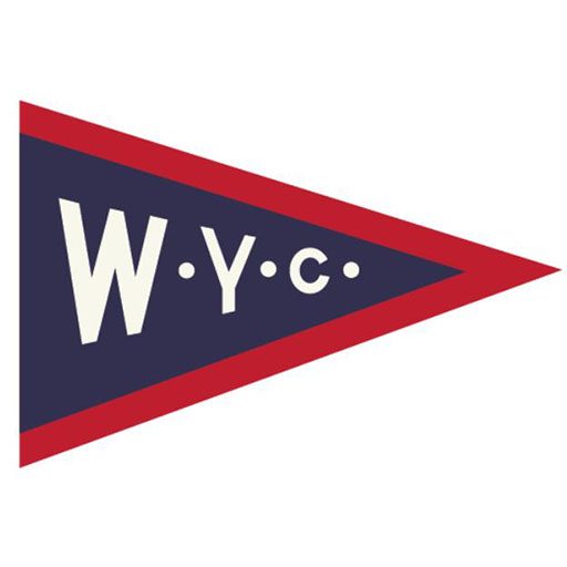 W.Y.C. text in white on navy blue burgee flage triangle field with deep red boarder