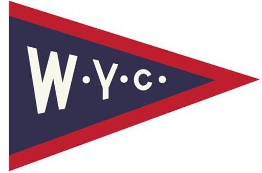 W.Y.C. text in white on navy blue burgee flage triangle field with deep red boarder